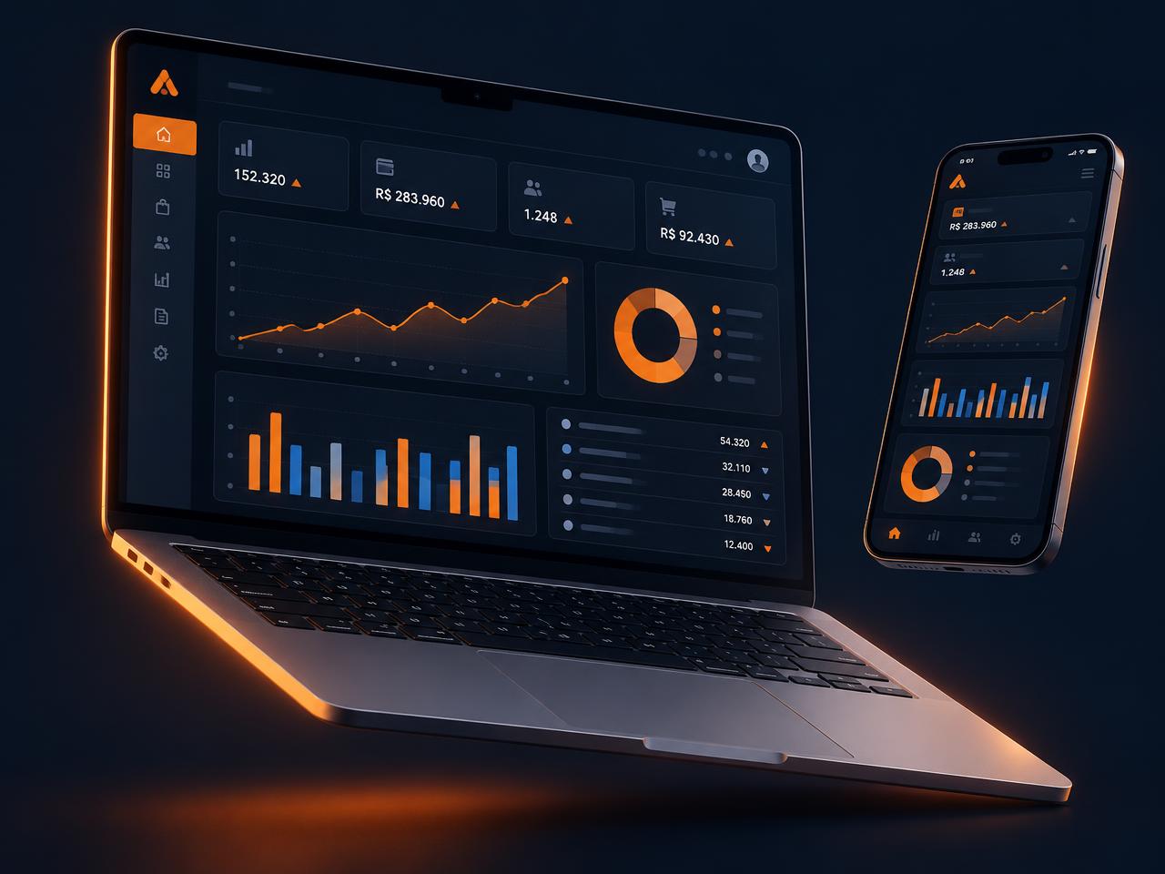 Painel do sistema de gestão empresarial exibido em notebook e celular com indicadores financeiros e gráficos